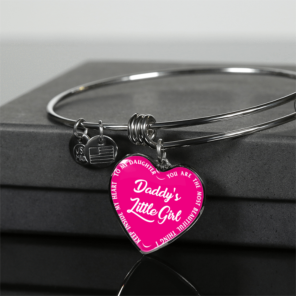 Daddy's Little Girl Gold or Silver Finished Heart Shaped Bangle Bracelet (White on Pink) - podprintz.com
