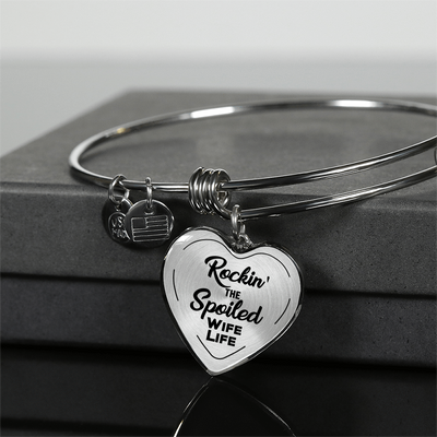 ROCKIN' THE SPOILED, WIFE LIFE - SILVER AND GOLD FINISHED HEART SHAPED BANGLE BRACELET AND NECKLACE (BLACK TEXT ON TRANSPARENT) EO - podprintz.com