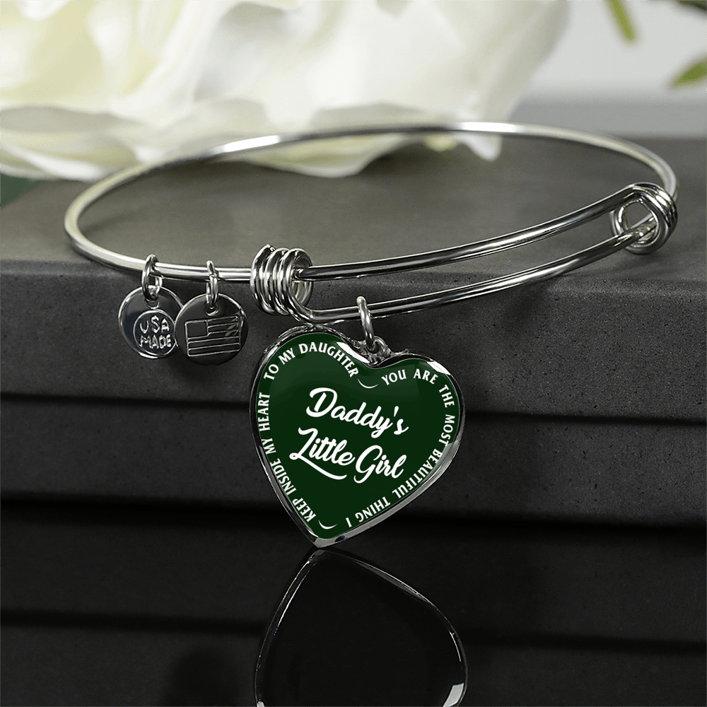 Daddy's Little Girl Gold or Silver Finished Heart Shaped Bangle Bracelet (White on Green) - podprintz.com
