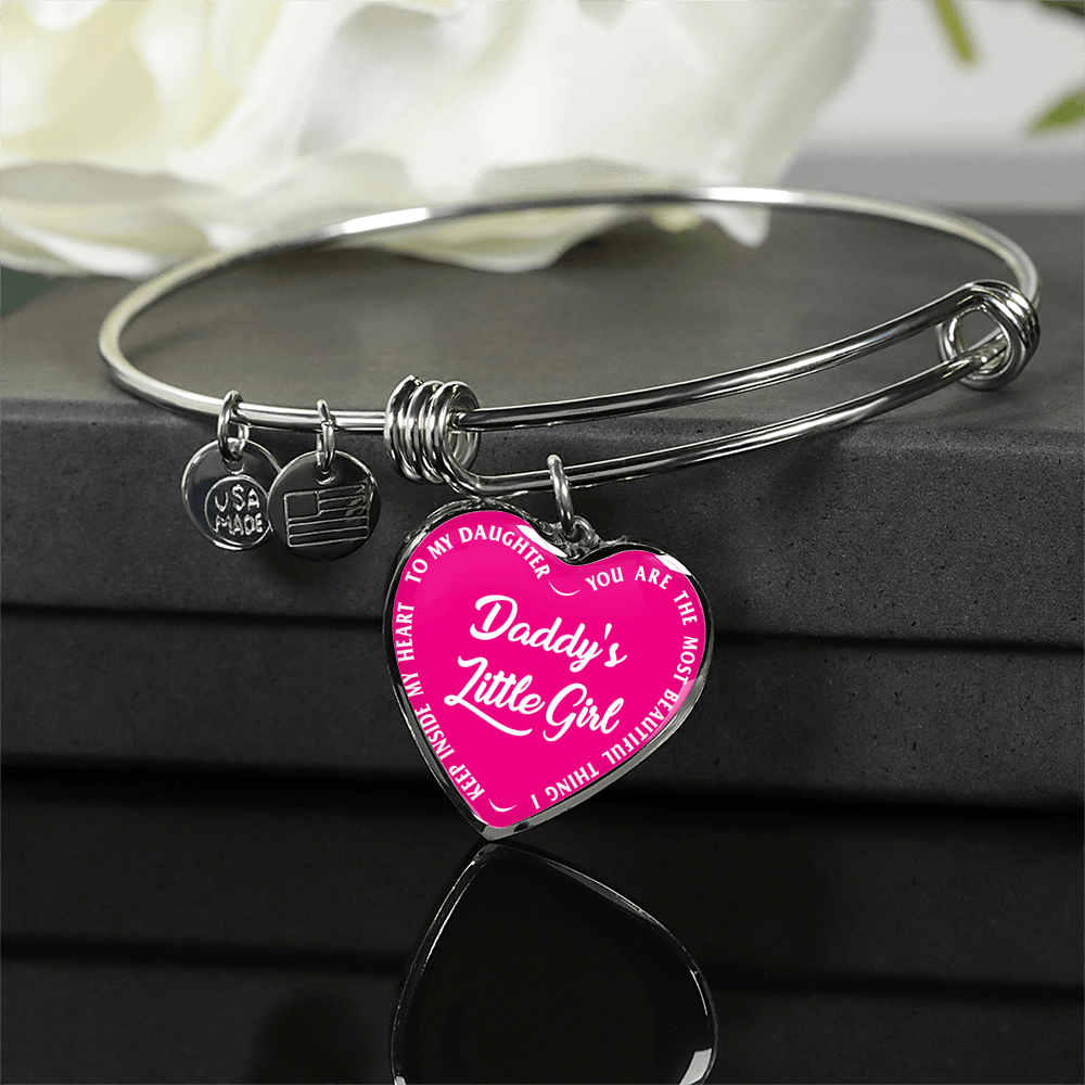 Daddy's Little Girl Gold or Silver Finished Heart Shaped Bangle Bracelet (White on Pink) - podprintz.com