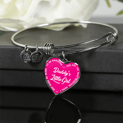 Daddy's Little Girl Gold or Silver Finished Heart Shaped Bangle Bracelet (White on Pink) - podprintz.com
