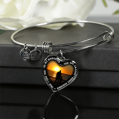 My Daughter, You are Amazing, Silver or Gold Finished Heart Shaped Bangle Bracelet (Sunset Beach Sand Edition) - podprintz.com