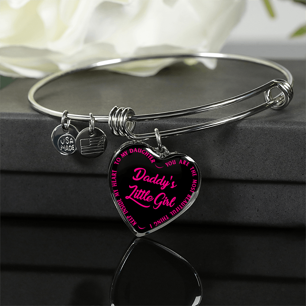 Daddy's Little Girl Gold or Silver Finished Heart Shaped Bangle Bracelet (Pink on Black) - podprintz.com