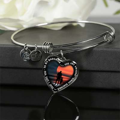 My Daughter, You are Amazing, Silver or Gold Finished Heart Shaped Bangle Bracelet (Pink Sunset Deck Edition) - podprintz.com