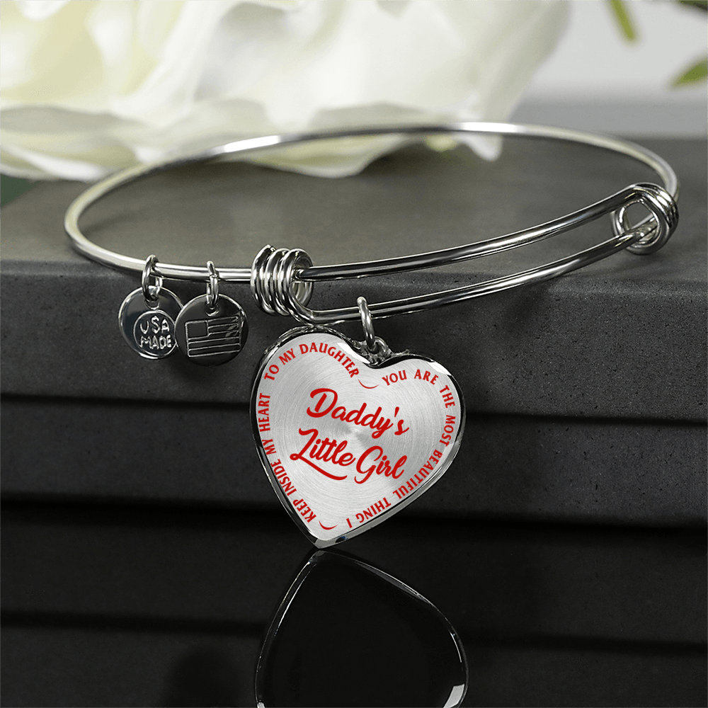 Daddy's Little Girl Gold or Silver Finished Heart Shaped Bangle Bracelet (Red on Transparent) - podprintz.com