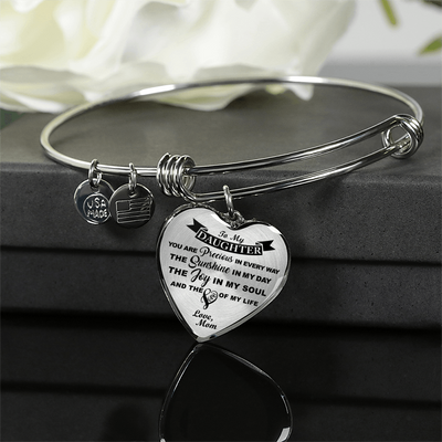 MY DAUGHTER YOU ARE PRECIOUS, SUNSHINE, JOY LOVE MOM - SILVER AND GOLD FINISHED HEART SHAPED BANGLE BRACELET (BLACK ON TRANSPARENT) - podprintz.com