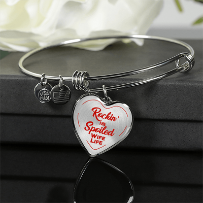 ROCKIN' THE SPOILED, WIFE LIFE - SILVER AND GOLD FINISHED HEART SHAPED BANGLE BRACELET (RED TEXT ON TRANSPARENT) - podprintz.com