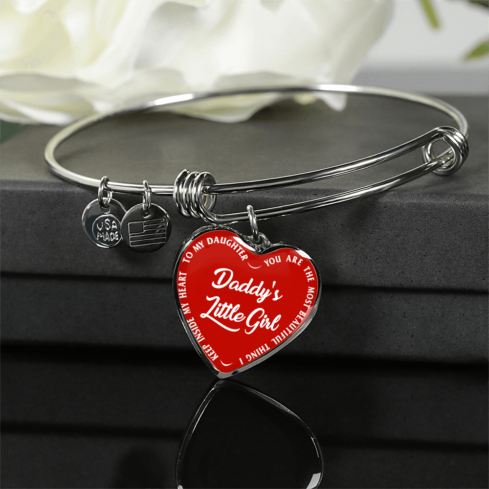 Daddy's Little Girl Gold or Silver Finished Heart Shaped Bangle Bracelet (White on Red) - podprintz.com