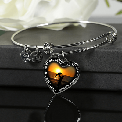 My Daughter, You are Amazing, Silver or Gold Finished Heart Shaped Bangle Bracelet (Beach at Dawn Edition) - podprintz.com