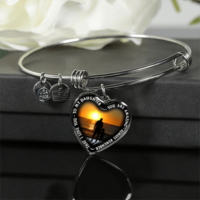 My Daughter, You are Amazing, Silver or Gold Finished Heart Shaped Bangle Bracelet (Sunset Beach Deck Edition) - podprintz.com