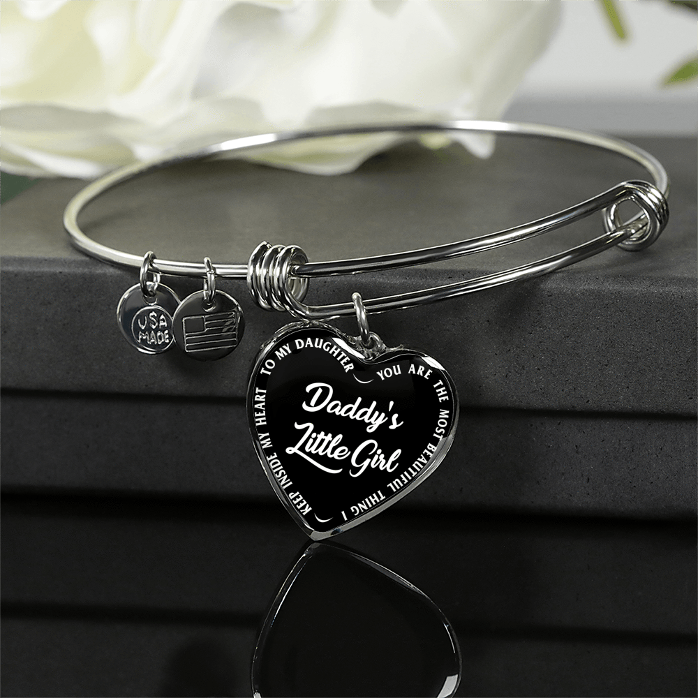 Daddy's Little Girl Gold or Silver Finished Heart Shaped Bangle Bracelet (White on Black) - podprintz.com