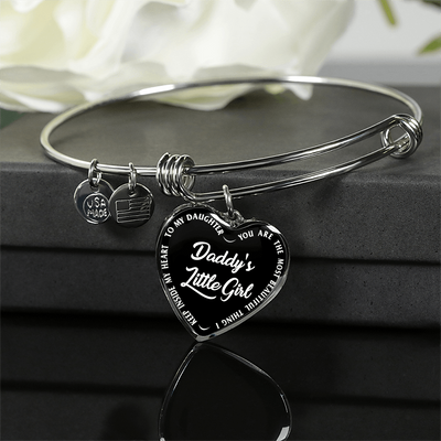 Daddy's Little Girl Gold or Silver Finished Heart Shaped Bangle Bracelet (White on Black) - podprintz.com
