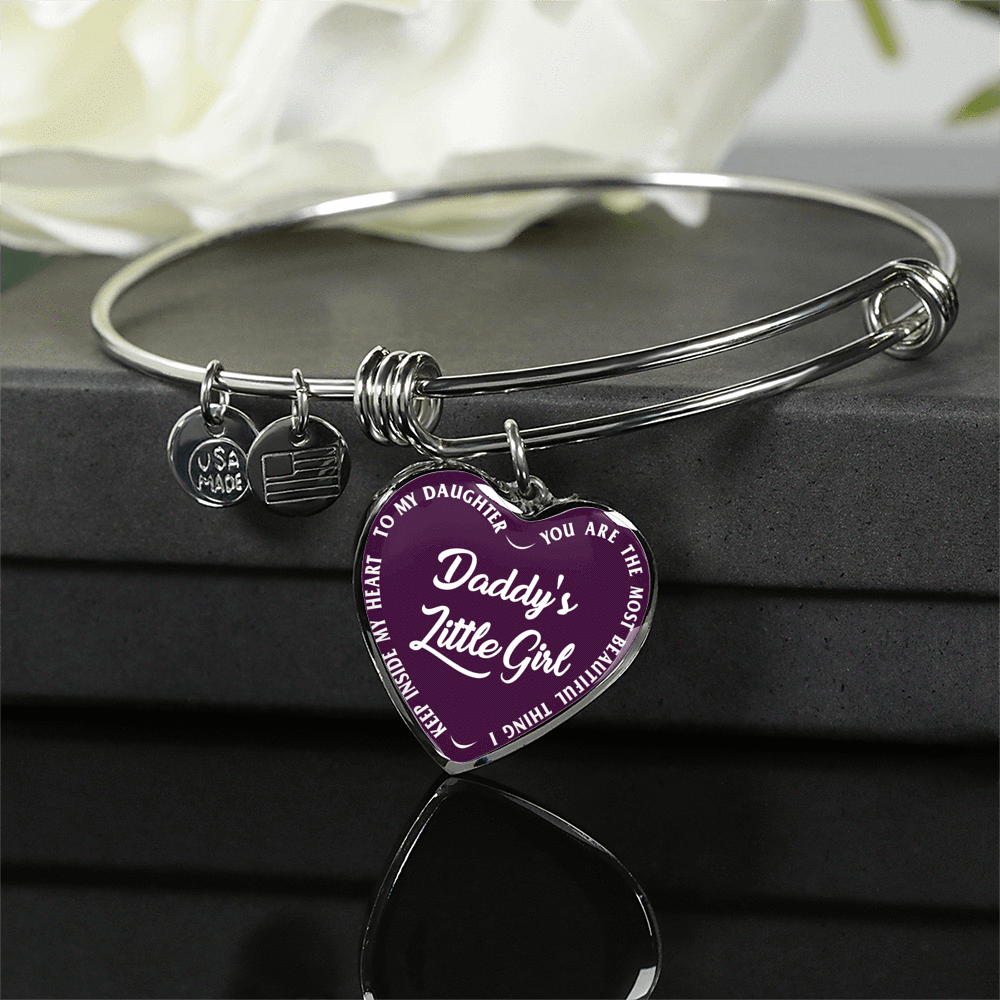 Daddy's Little Girl Gold or Silver Finished Heart Shaped Bangle Bracelet (White on Purple) - podprintz.com