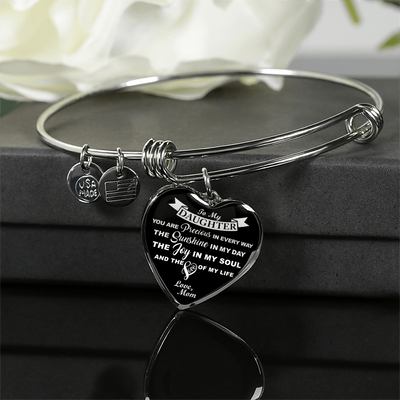 MY DAUGHTER YOU ARE PRECIOUS, SUNSHINE, JOY LOVE MOM - SILVER AND GOLD FINISHED HEART SHAPED NECKLACE (WHITE ON BLACK) - podprintz.com