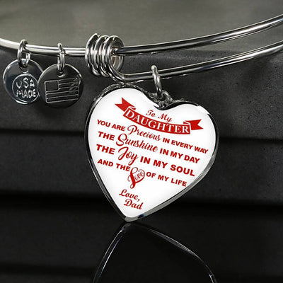 MY DAUGHTER YOU ARE PRECIOUS, SUNSHINE, JOY LOVE DAD - SILVER AND GOLD FINISHED HEART SHAPED NECKLACE AND BANGLE BRACELET (RED ON WHITE) EO - podprintz.com