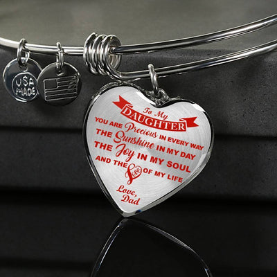 MY DAUGHTER YOU ARE PRECIOUS, SUNSHINE, JOY LOVE DAD - SILVER AND GOLD FINISHED HEART SHAPED NECKLACE AND BANGLE BRACELET (RED ON TRANSPARENT) EO - podprintz.com