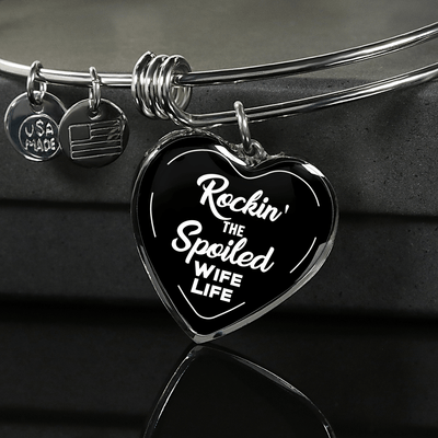 ROCKIN' THE SPOILED, WIFE LIFE - SILVER AND GOLD FINISHED HEART SHAPED BANGLE BRACELET AND NECKLACE (WHITE TEXT ON BLACK) EO - podprintz.com