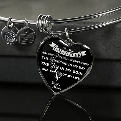 MY DAUGHTER YOU ARE PRECIOUS, SUNSHINE, JOY LOVE MOM - SILVER AND GOLD FINISHED HEART SHAPED NECKLACE (WHITE ON BLACK) - podprintz.com