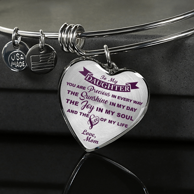 MY DAUGHTER YOU ARE PRECIOUS, SUNSHINE, JOY LOVE MOM - SILVER AND GOLD FINISHED HEART SHAPED BANGLE BRACELET (PURPLE ON TRANSPARENT) - podprintz.com
