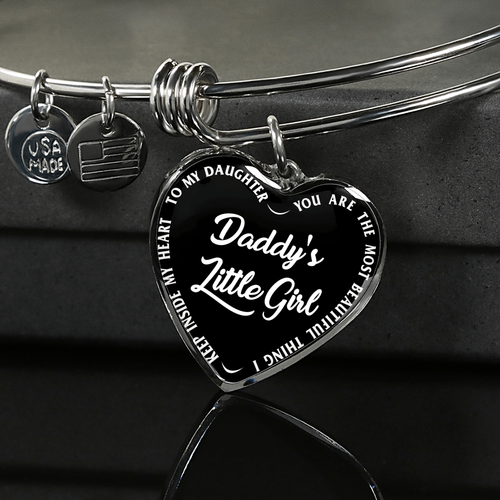 Daddy's Little Girl Gold or Silver Finished Heart Shaped Bangle Bracelet (White on Black) - podprintz.com