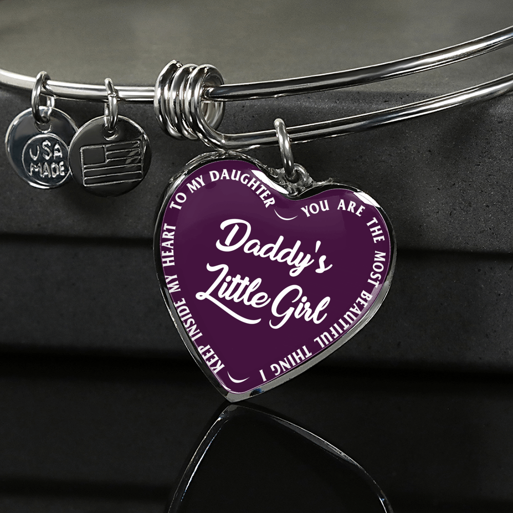 Daddy's Little Girl Gold or Silver Finished Heart Shaped Bangle Bracelet (White on Purple) - podprintz.com