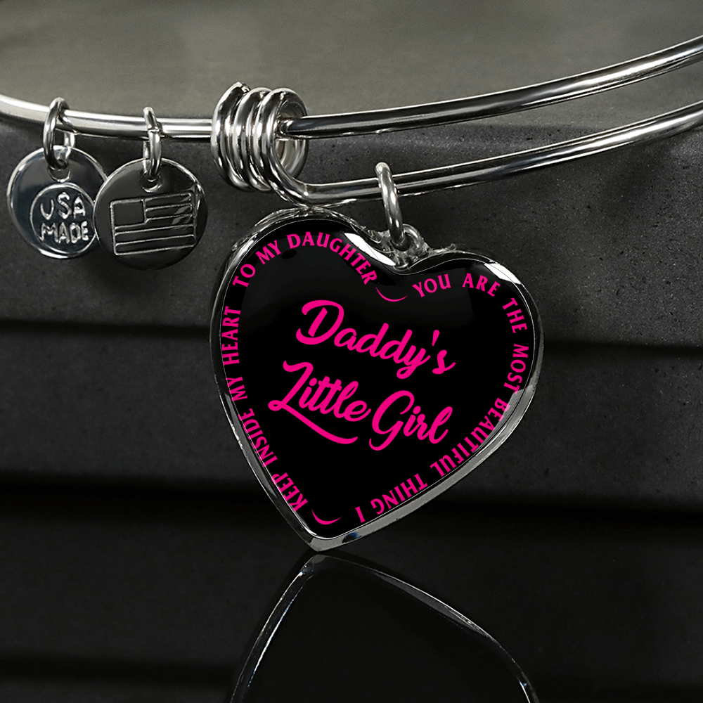 Daddy's Little Girl Gold or Silver Finished Heart Shaped Bangle Bracelet (Pink on Black) - podprintz.com