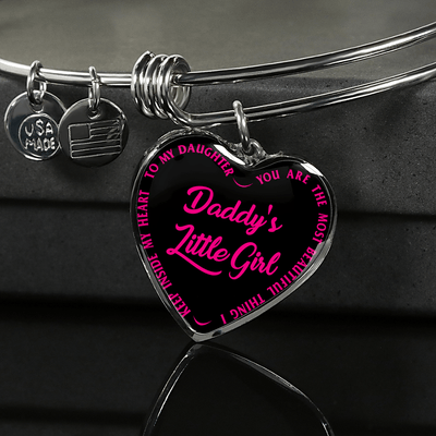 Daddy's Little Girl Gold or Silver Finished Heart Shaped Bangle Bracelet (Pink on Black) - podprintz.com