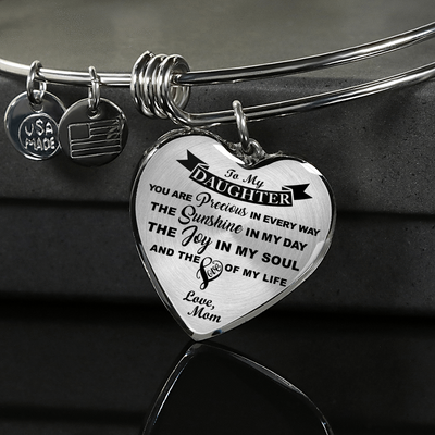 MY DAUGHTER YOU ARE PRECIOUS, SUNSHINE, JOY LOVE MOM - SILVER AND GOLD FINISHED HEART SHAPED BANGLE BRACELET (BLACK ON TRANSPARENT) - podprintz.com