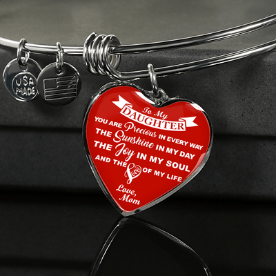 MY DAUGHTER YOU ARE PRECIOUS, SUNSHINE, JOY LOVE MOM - SILVER AND GOLD FINISHED HEART SHAPED BANGLE BRACELET (WHITE ON RED) - podprintz.com