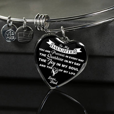 MY DAUGHTER YOU ARE PRECIOUS, SUNSHINE, JOY LOVE DAD - SILVER AND GOLD FINISHED HEART SHAPED NECKLACE AND BANGLE BRACELET (WHITE ON BLACK) EO - podprintz.com