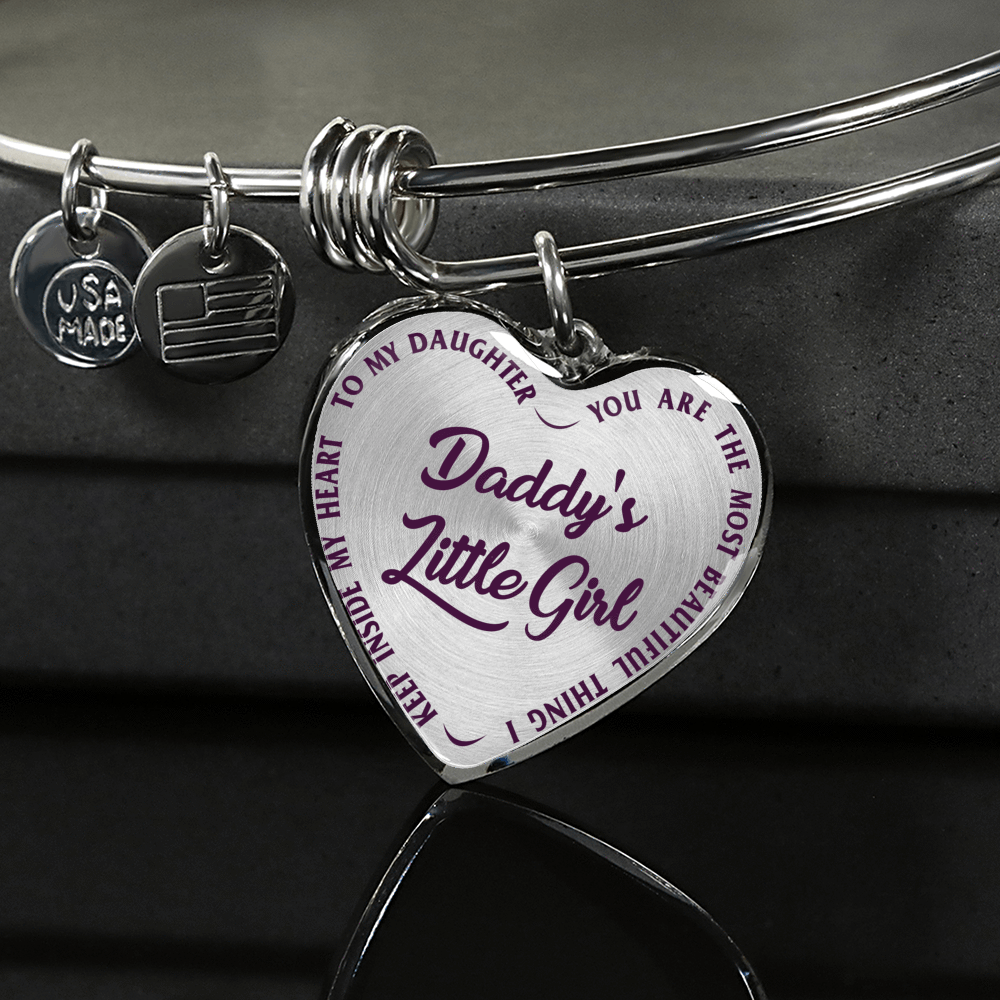 DADDY'S LITTLE GIRL GOLD OR SILVER FINISHED HEART SHAPED NECKLACE OR BANGLE BRACELET, PURPLE ON TRANSPARENT (EO) - podprintz.com