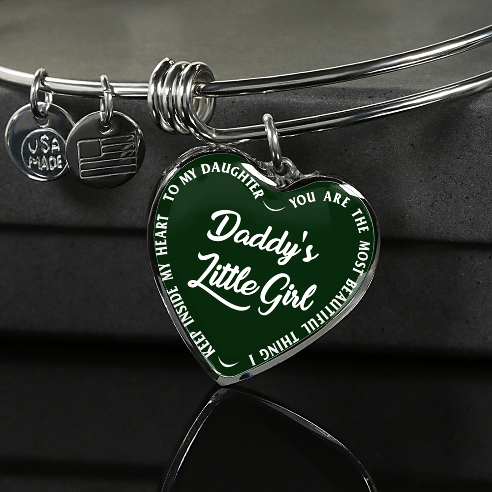 Daddy's Little Girl Gold or Silver Finished Heart Shaped Bangle Bracelet (White on Green) - podprintz.com