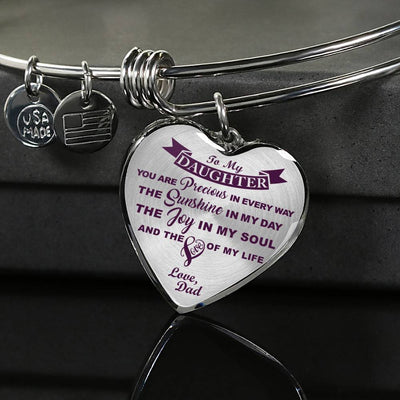MY DAUGHTER YOU ARE PRECIOUS, SUNSHINE, JOY LOVE DAD - SILVER AND GOLD FINISHED HEART SHAPED NECKLACE AND BANGLE BRACELET (PURPLE ON TRANSPARENT) EO - podprintz.com