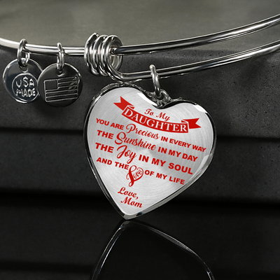 MY DAUGHTER YOU ARE PRECIOUS, SUNSHINE, JOY LOVE MOM - SILVER AND GOLD FINISHED HEART SHAPED BANGLE BRACELET (RED ON TRANSPARENT) - podprintz.com