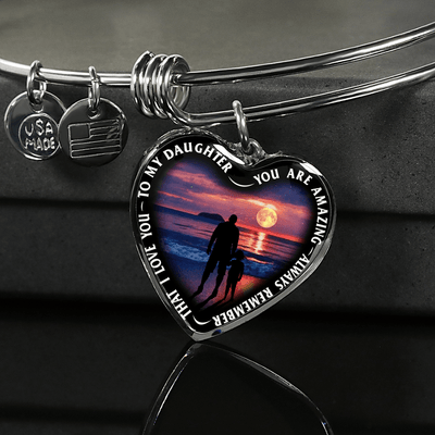 My Daughter, You are Amazing, Silver or Gold Finished Heart Shaped Bracelet (Full Moon Beach Black Edition) - podprintz.com