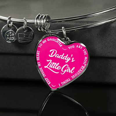 Daddy's Little Girl Gold or Silver Finished Heart Shaped Bangle Bracelet (White on Pink) - podprintz.com