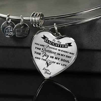 MY DAUGHTER YOU ARE PRECIOUS, SUNSHINE, JOY LOVE DAD - SILVER AND GOLD FINISHED HEART SHAPED NECKLACE AND BANGLE BRACELET (BLACK ON TRANSPARENT) EO - podprintz.com