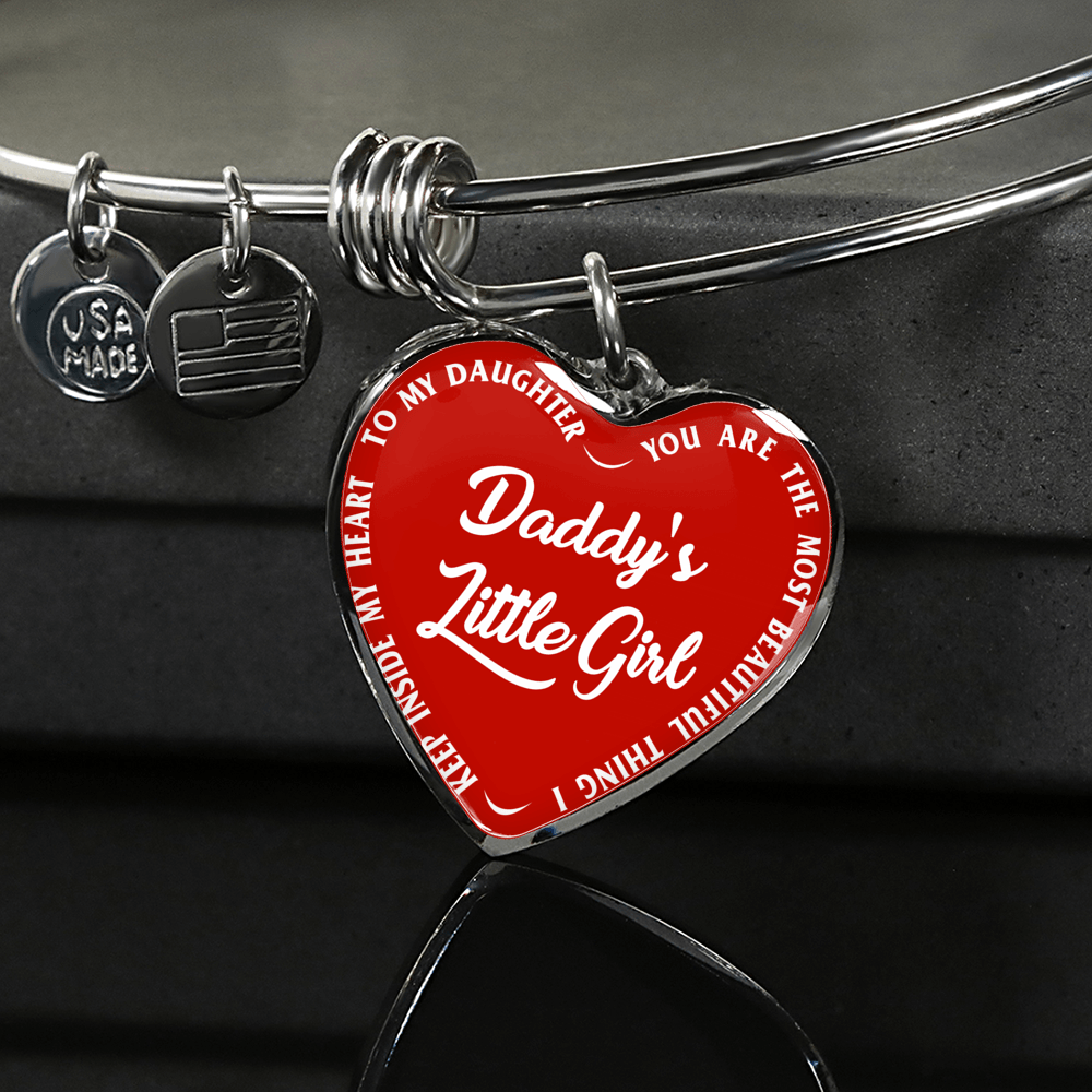 Daddy's Little Girl Gold or Silver Finished Heart Shaped Bangle Bracelet (White on Red) - podprintz.com