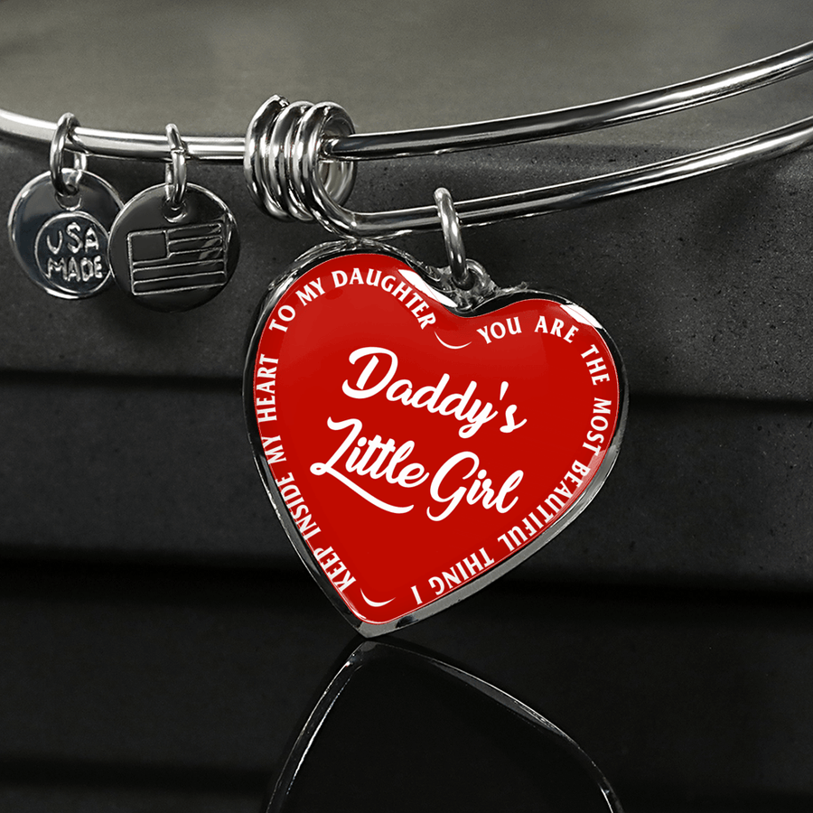 Daddy's Little Girl Gold or Silver Finished Heart Shaped Bangle Bracelet (White on Red) - podprintz.com