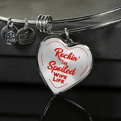 ROCKIN' THE SPOILED, WIFE LIFE - SILVER AND GOLD FINISHED HEART SHAPED BANGLE BRACELET AND NECKLACE (RED TEXT ON TRANSPARENT) EO - podprintz.com