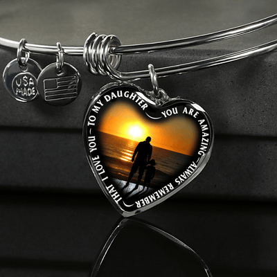 My Daughter, You are Amazing, Silver or Gold Finished Heart Shaped Bangle Bracelet (Sunset Beach Deck Edition) - podprintz.com