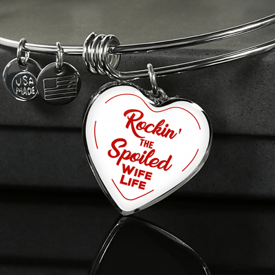 ROCKIN' THE SPOILED, WIFE LIFE - SILVER AND GOLD FINISHED HEART SHAPED BANGLE BRACELET AND NECKLACE (RED TEXT ON WHITE) EO - podprintz.com