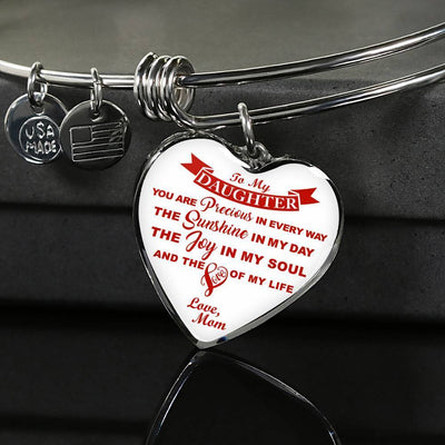 MY DAUGHTER YOU ARE PRECIOUS, SUNSHINE, JOY LOVE MOM - SILVER AND GOLD FINISHED HEART SHAPED NECKLACE AND BANGLE BRACELET (RED ON WHITE) EO - podprintz.com