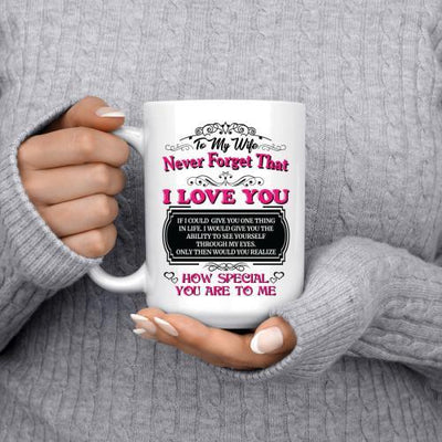 TO MY WIFE NEVER FORGET THAT I LOVE YOU, HOW SPECIAL YOU ARE TO ME (BLACK TEXT) - COFFEE MUG
